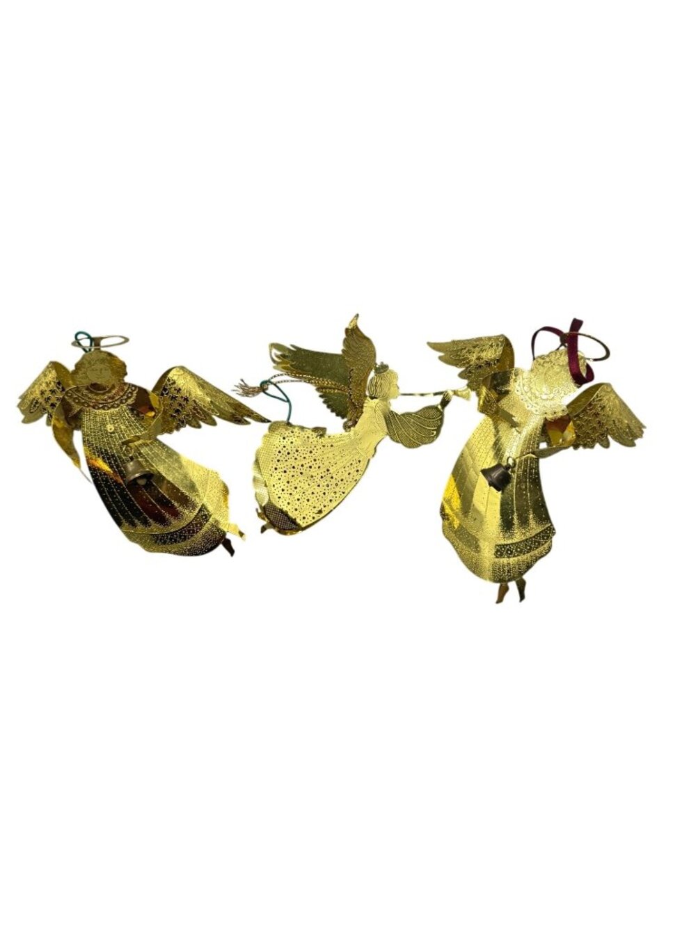 Set Of 3 Gold-Plated Metal Angel Christmas Ornaments With Hanging Loops READ